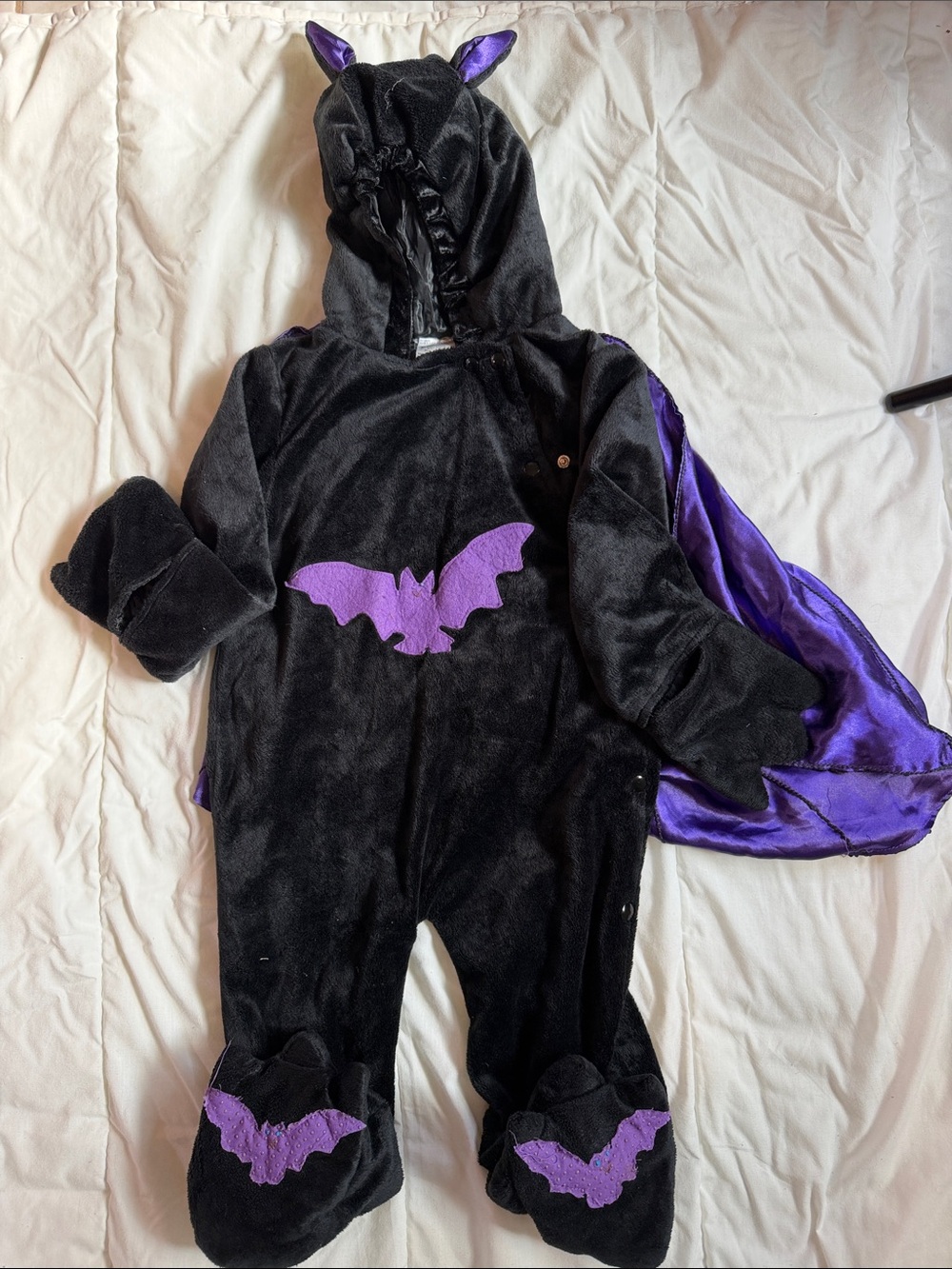 Kids Black & Purple Bat One-Piece Costume with Hooded Cape